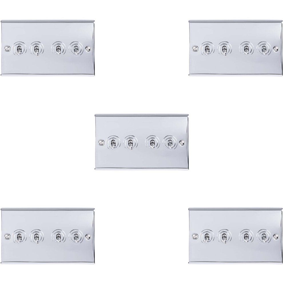 5 PACK 4 Gang Quad Retro Toggle Light Switch POLISHED CHROME 10A 2 Way Plate