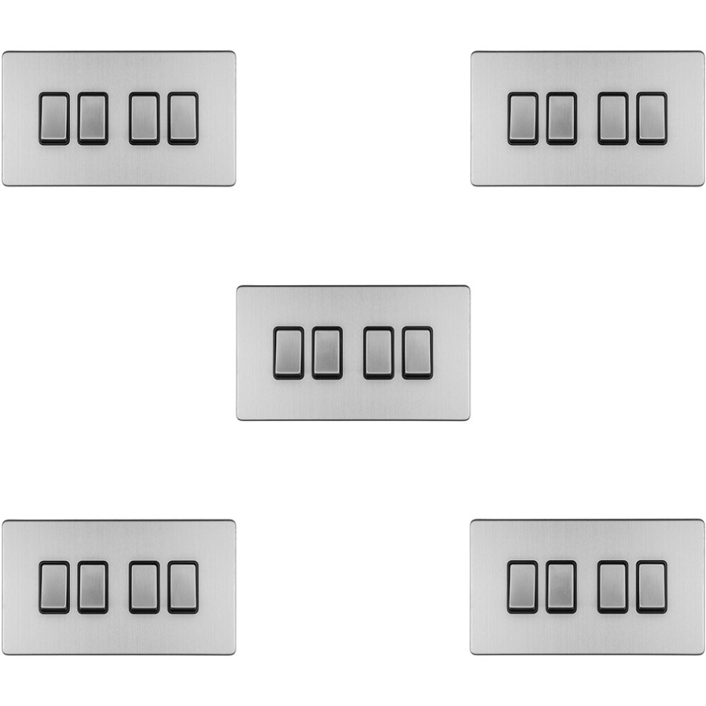 5 Pack 4 Gang Quad Light Switch Screwless Satin Steel 2 Way 10A Slim Rocker 5056581974204