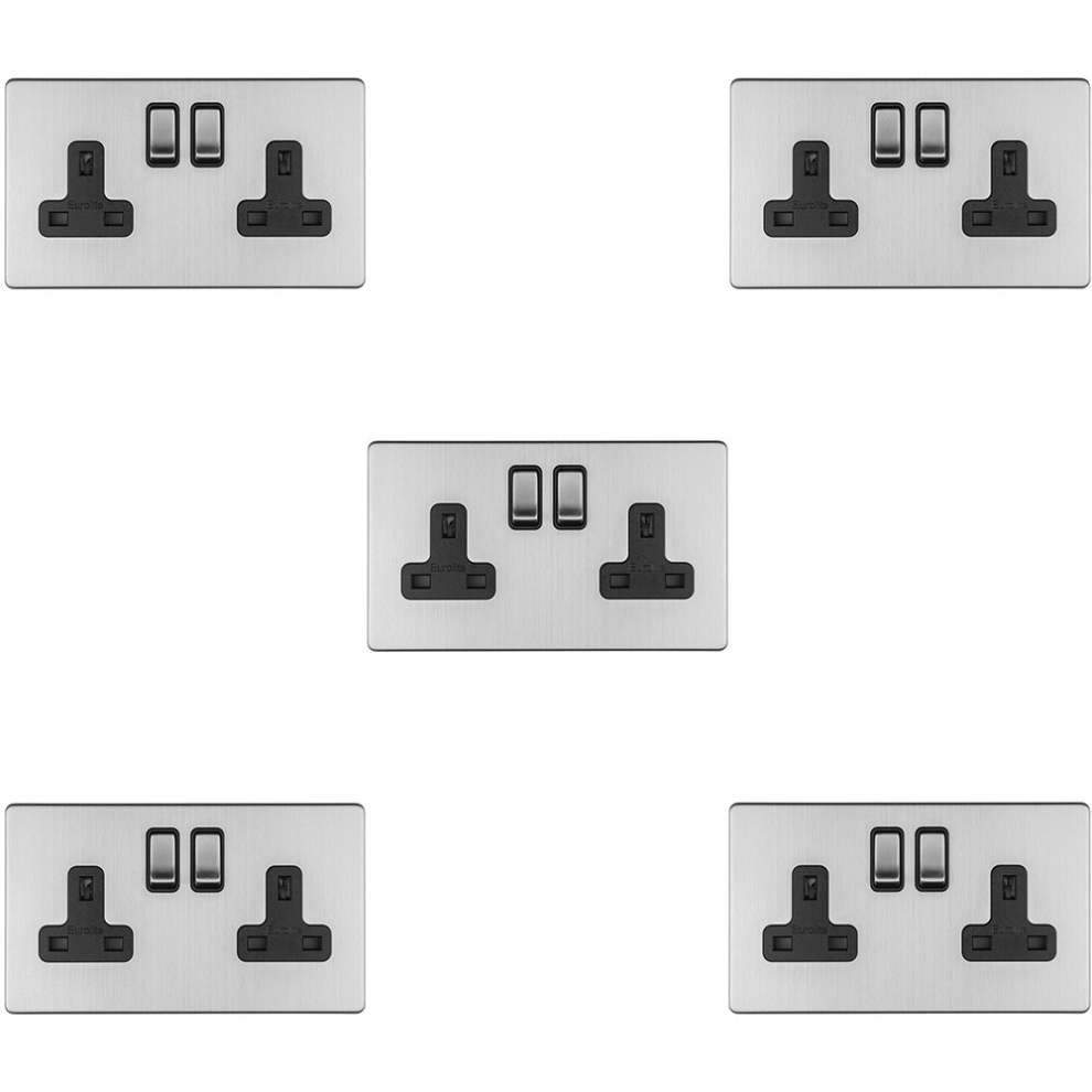 5 PACK 2 Gang DP 13A Switched UK Plug Socket SCREWLESS SATIN STEEL Wall Power