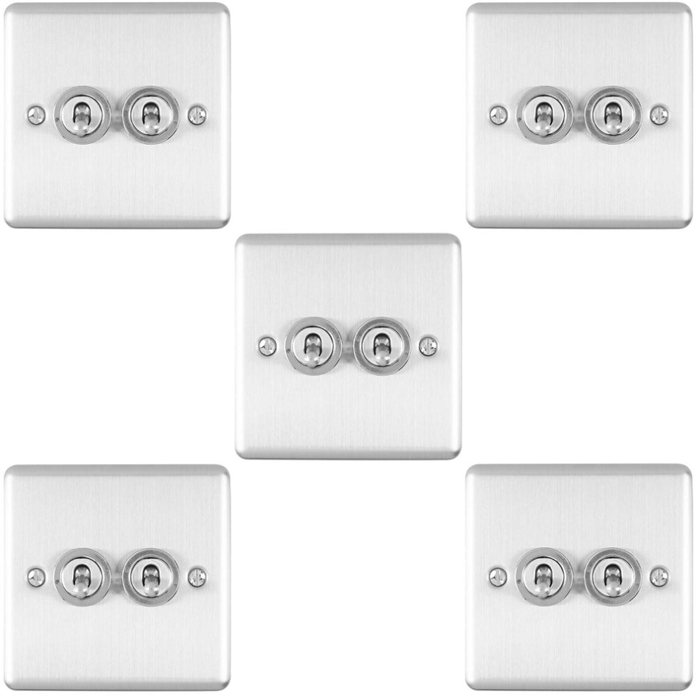 5 PACK 2 Gang Double Retro Toggle Light Switch SATIN STEEL 10A 2 Way Wall Plate