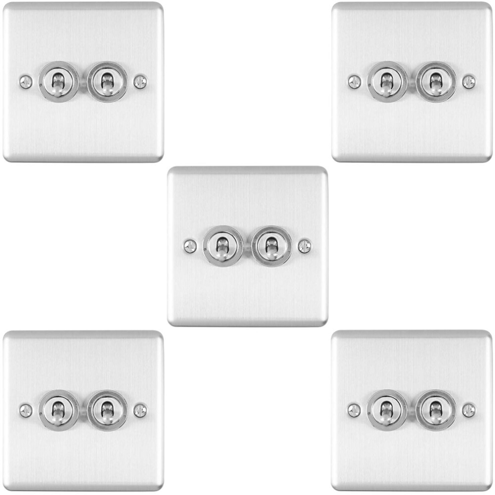 Loops 5 Pack 2 Gang Double Retro Toggle Light Switch Satin Steel 10A 2 Way Wall Plate