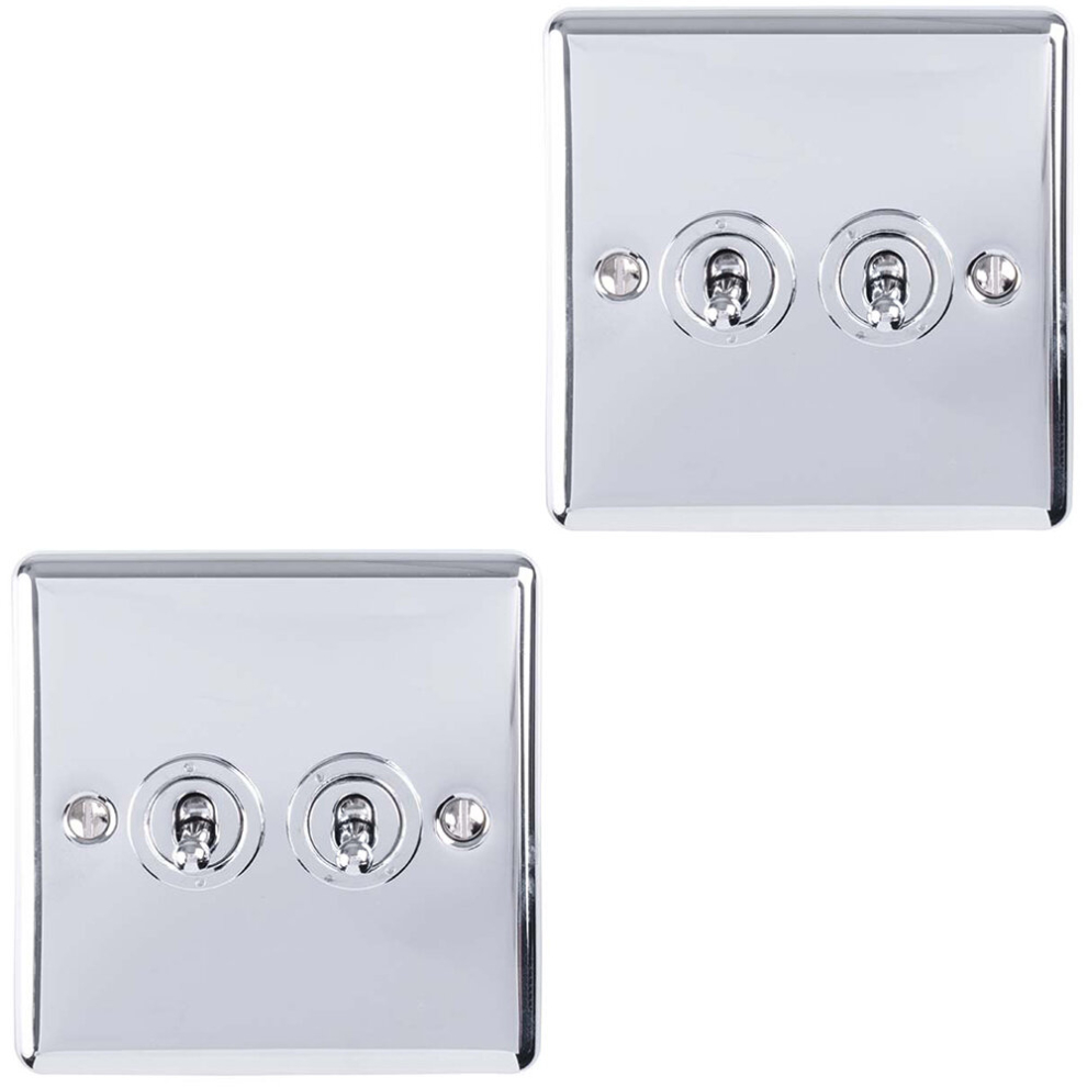 2 PACK 2 Gang Double Retro Toggle Light Switch POLISHED CHROME 10A 2 Way Plate