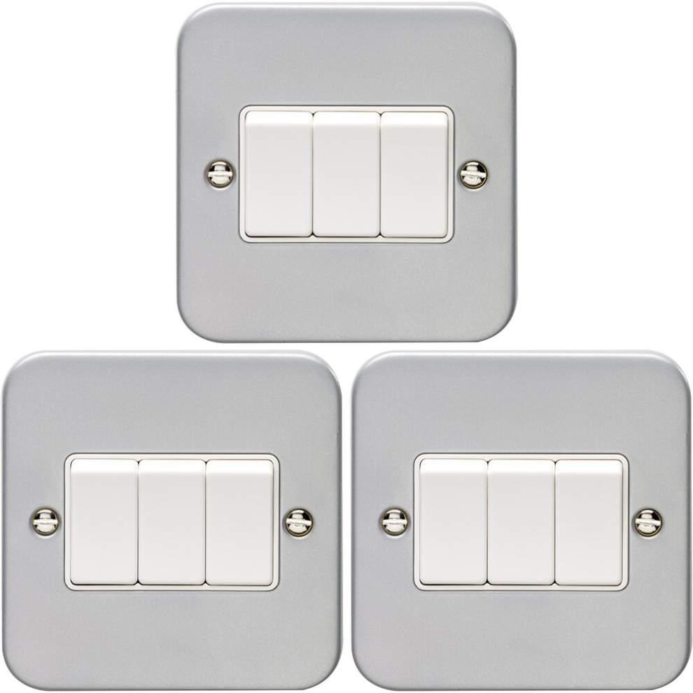 3 PACK 3 Gang Triple Light Switch 2 Way 10A HEAVY DUTY METAL CLAD - White Rocker