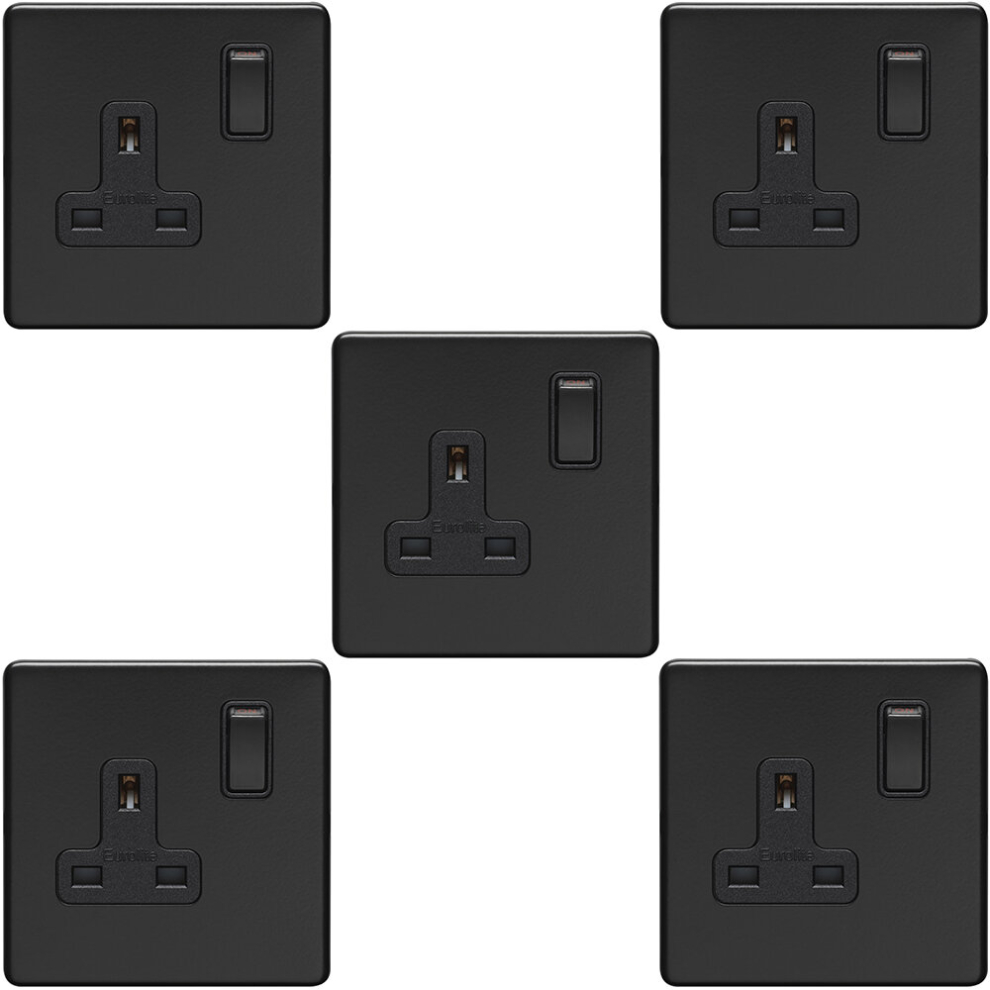 5 PACK 1 Gang DP 13A Switched UK Plug Socket SCREWLESS MATT BLACK Wall Power