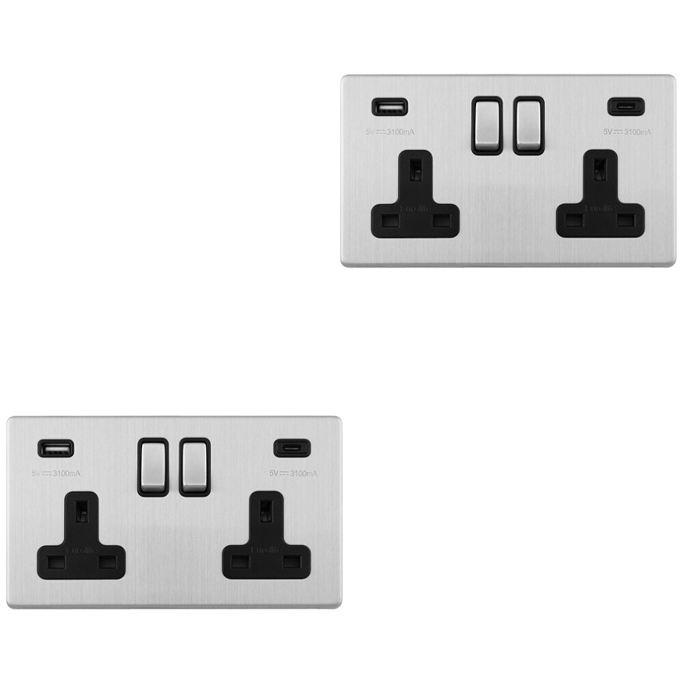 Loops 2 Pack 2 Gang Double 13A Uk Plug Socket & 2X 3.1A Usb-C Screwless Satin Steel