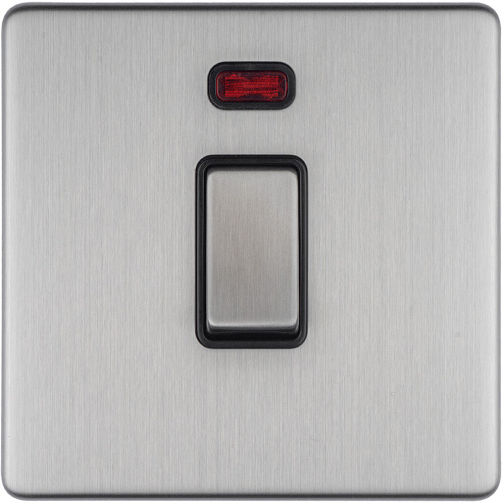 1 Gang 20A Single Light Switch & Neon SCREWLESS SATIN STEEL 2 Way Rocker Plate