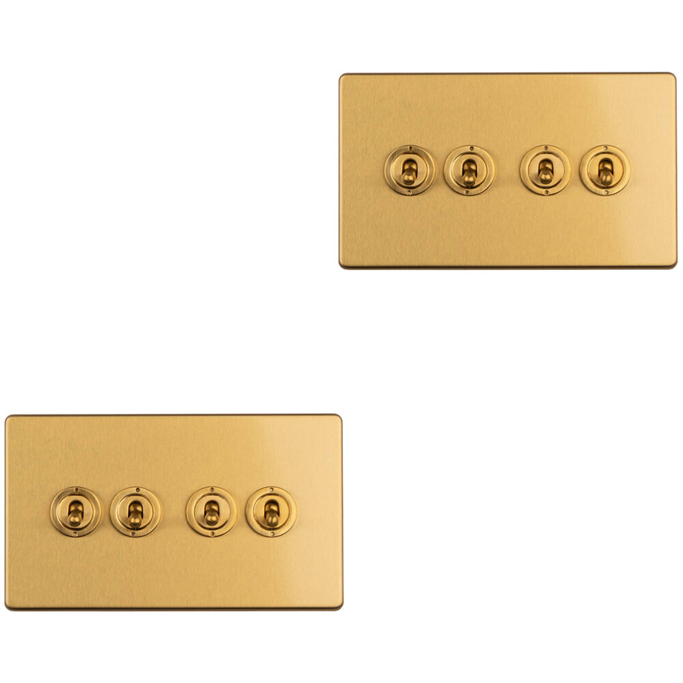 2 Pack 4 Gang Quad Retro Toggle Light Switch Screwless Satin Brass 10A 2 Way 5056581973740