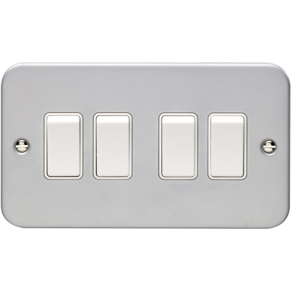 4 Gang Quad Light Switch 2 Way 10A HEAVY DUTY METAL CLAD - White Trim & Rocker