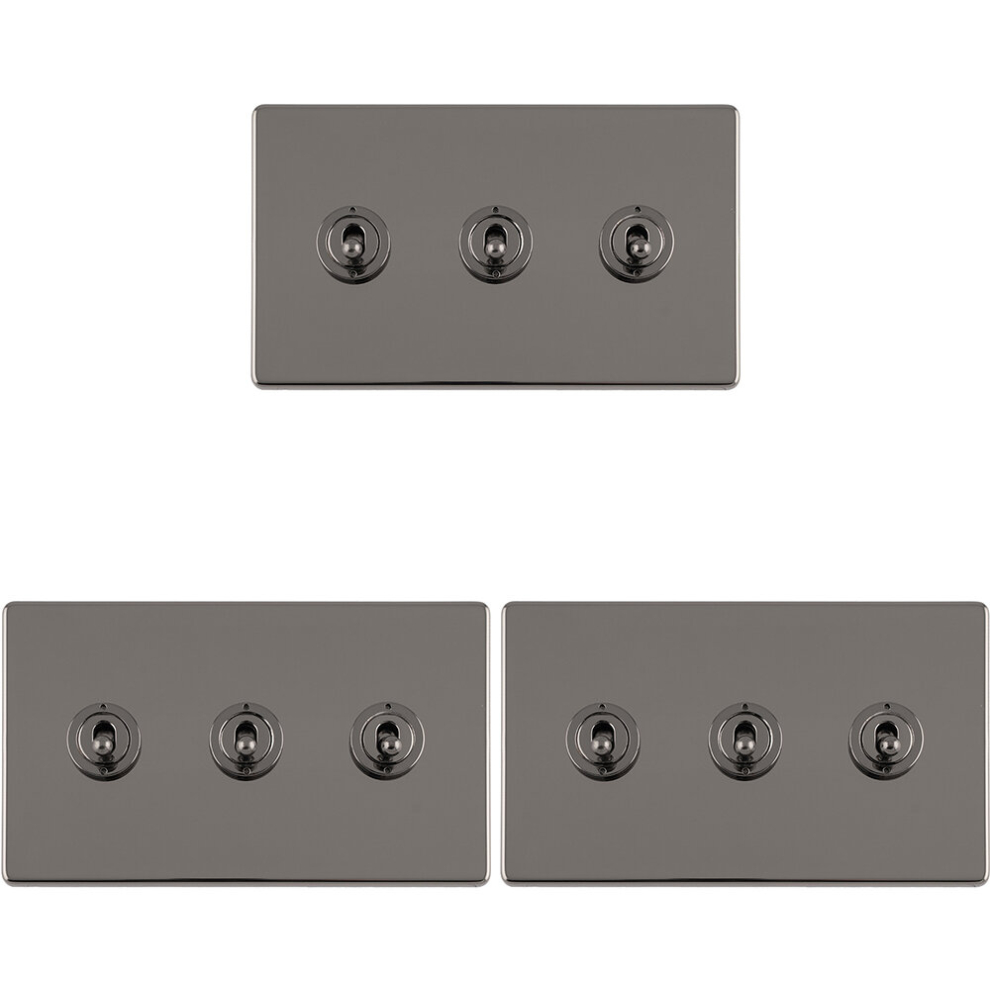 3 PACK 3 Gang Triple Retro Toggle Light Switch SCREWLESS BLACK NICKEL 10A 2 Way