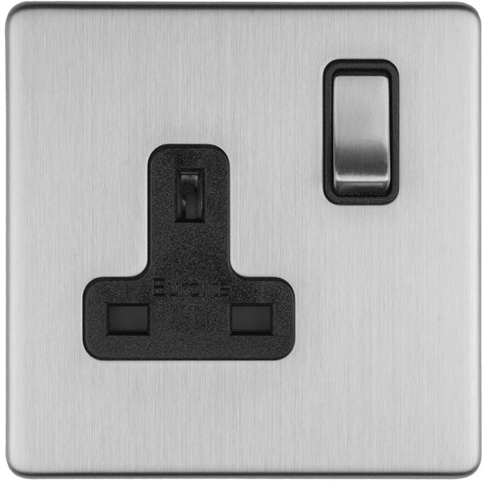 Loops 1 Gang Dp 13A Switched Uk Plug Socket Screwless Satin Steel Wall Power Outlet