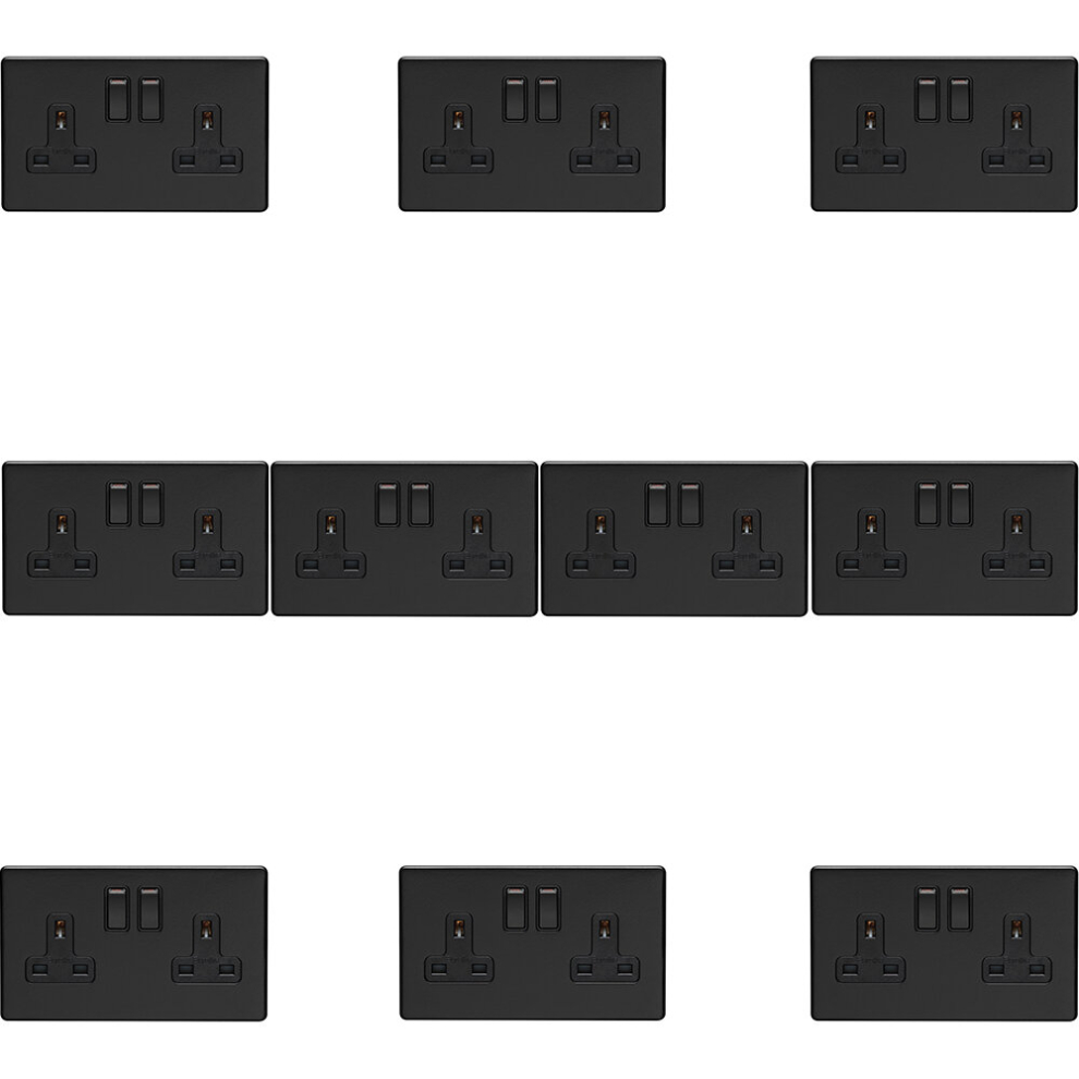 10 PACK 2 Gang Double DP 13A Switched UK Plug Socket SCREWLESS MATT BLACK Power