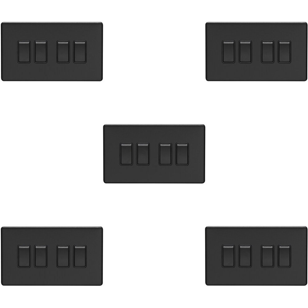 5 PACK 4 Gang Quad Light Switch SCREWLESS MATT BLACK 2 Way 10A Slim Rocker