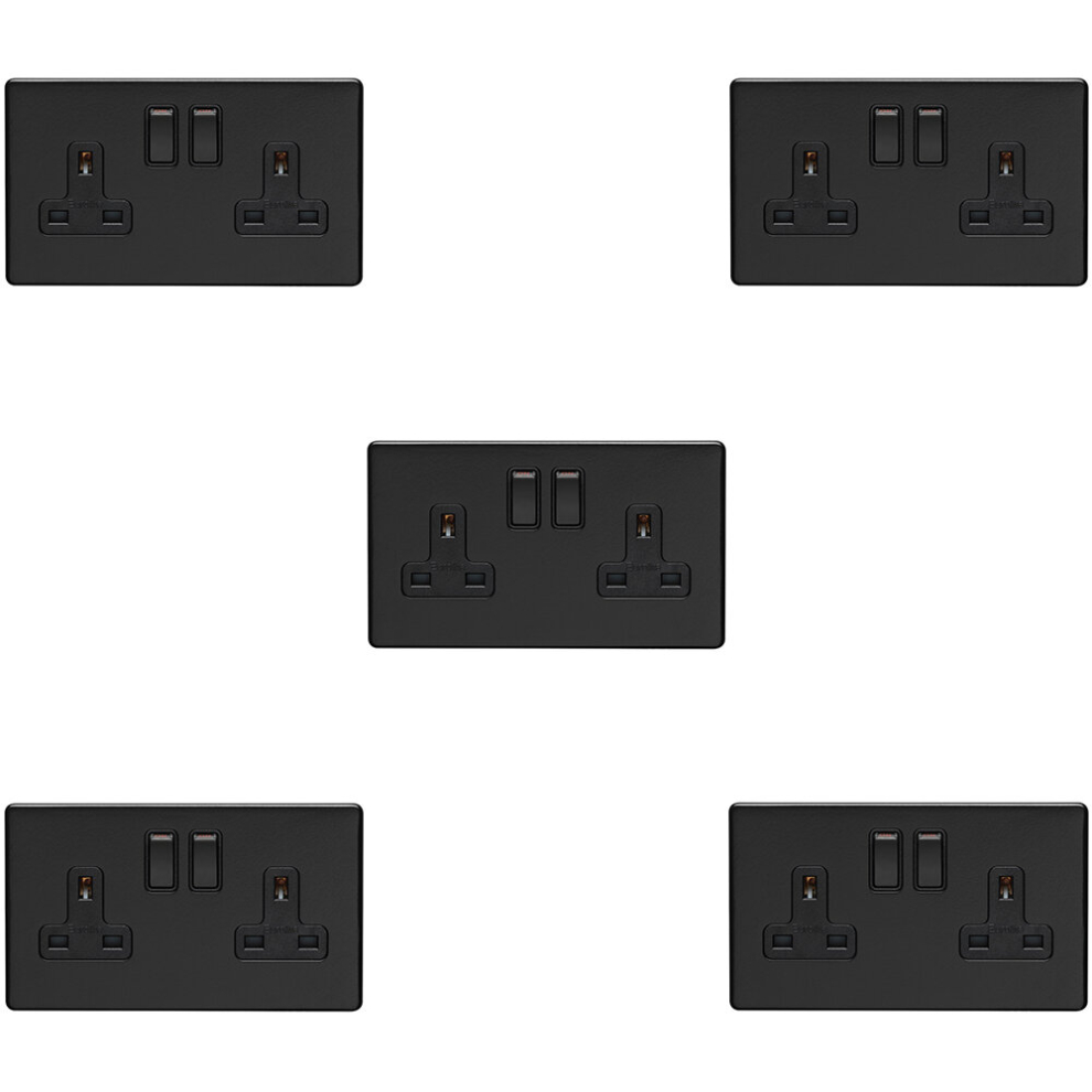 5 PACK 2 Gang Double DP 13A Switched UK Plug Socket SCREWLESS MATT BLACK Power