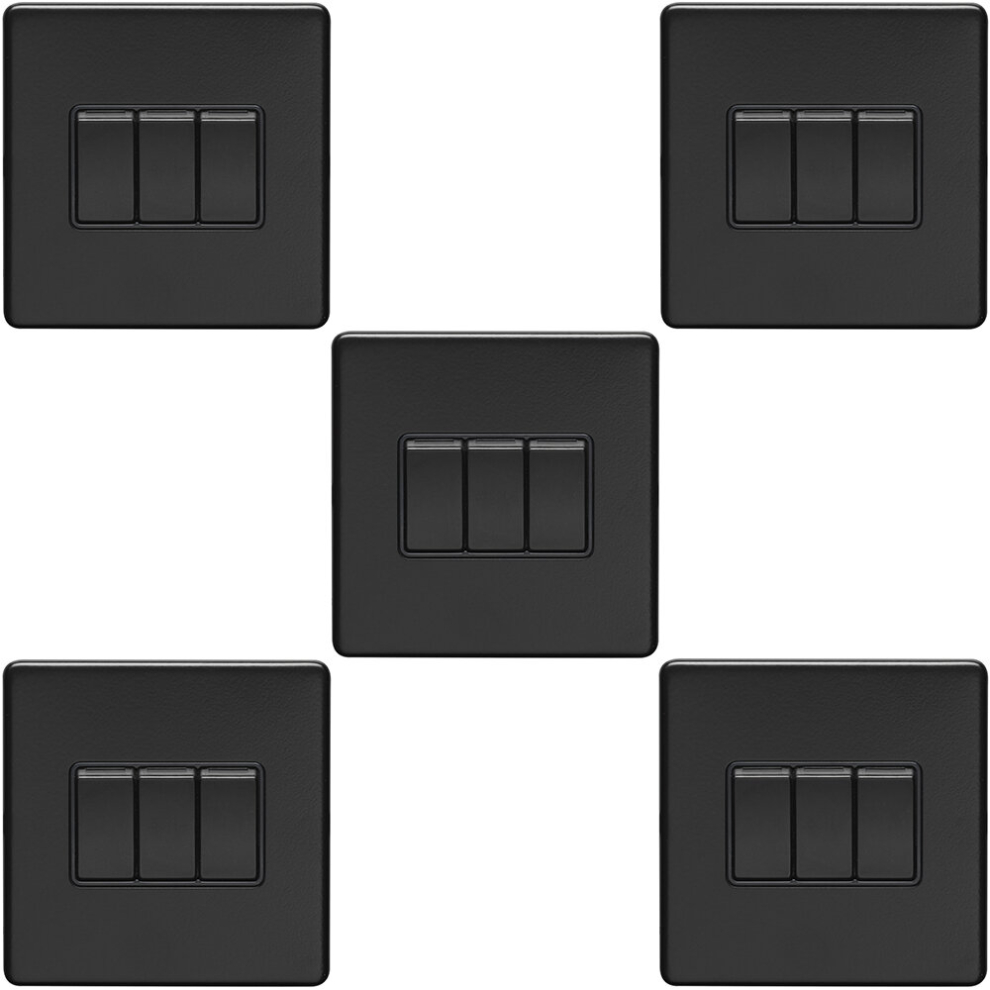 5 PACK 3 Gang Triple Light Switch SCREWLESS MATT BLACK 2 Way 10A Slim Rocker