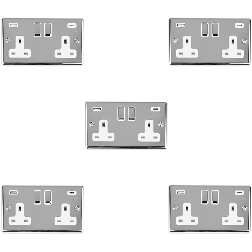 5 PACK 2 Gang UK Plug Socket & Dual 3.1A USB-C & A CHROME & WHITE 13A Switched