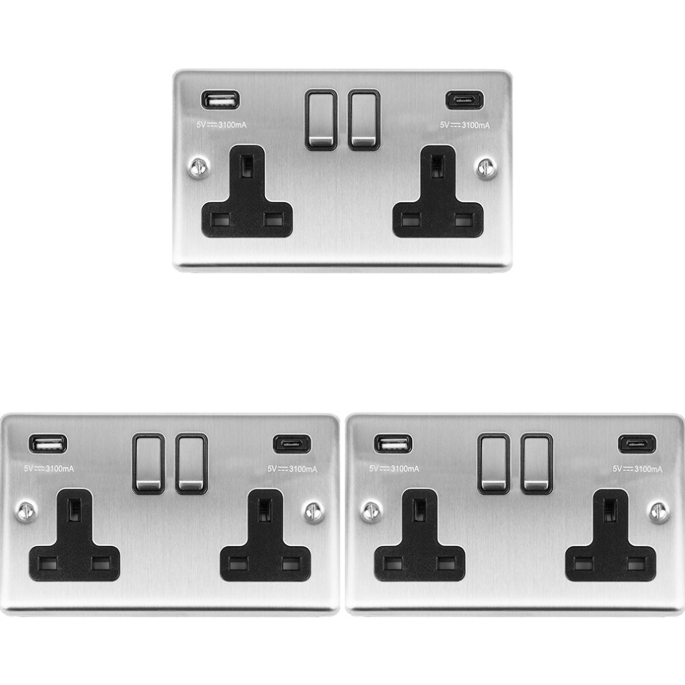 3 PACK 2 Gang UK Plug Socket & 2x 3.1A USB-C & A SATIN STEEL & BLACK 13A Switch