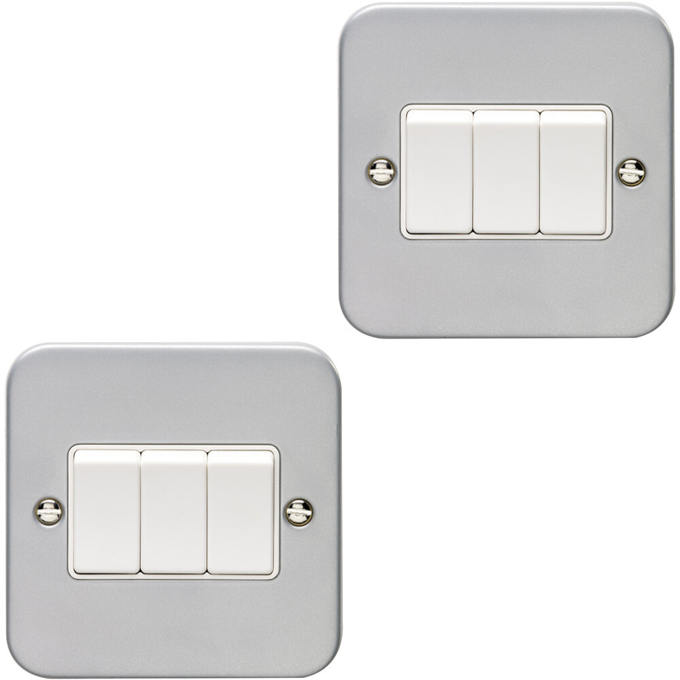 2 PACK 3 Gang Triple Light Switch 2 Way 10A HEAVY DUTY METAL CLAD - White Rocker