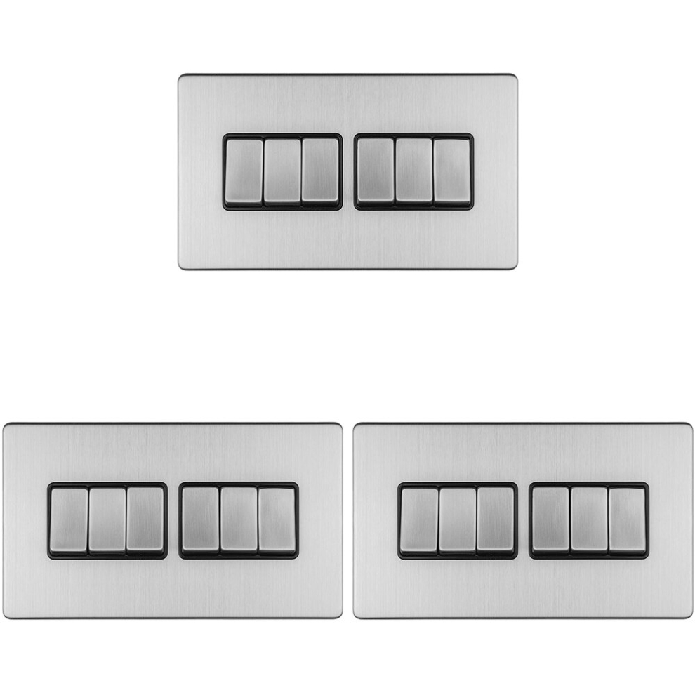 3 PACK 6 Gang Multi Light Switch SCREWLESS SATIN STEEL 2 Way 10A Slim Rocker