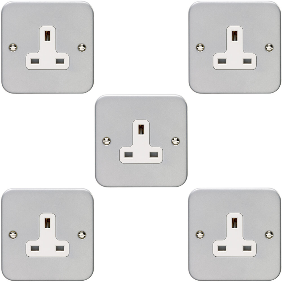 5 PACK 1 Gang Single 13A Unswitched UK Plug Socket HEAVY DUTY METAL CLAD Power