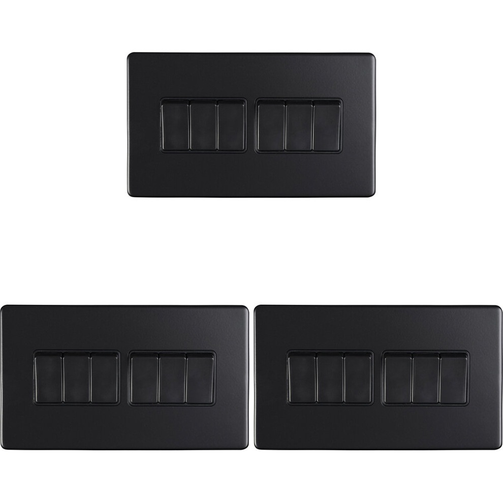 3 PACK 6 Gang Multi Light Switch SCREWLESS MATT BLACK 2 Way 10A Slim Rocker