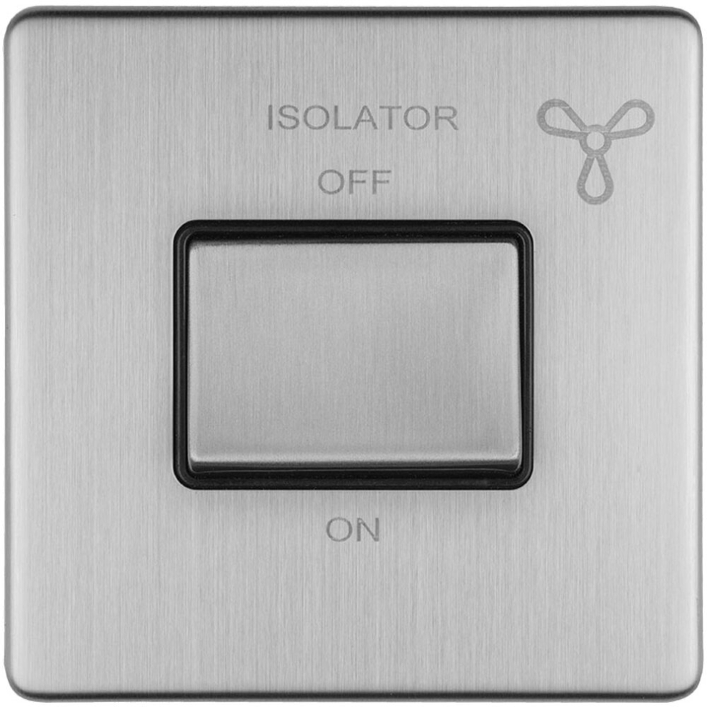 SCREWLESS 6A Extractor Fan Isolator Switch SATIN STEEL 3 Pole Shower Plate