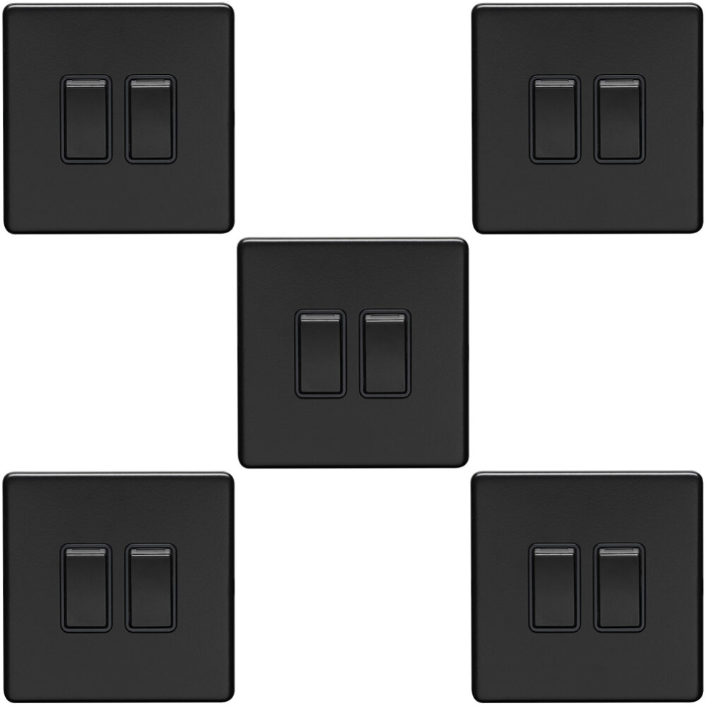 5 PACK 2 Gang Double Light Switch SCREWLESS MATT BLACK 2 Way 10A Slim Rocker