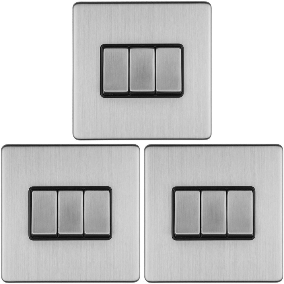 3 PACK 3 Gang Triple Light Switch SCREWLESS SATIN STEEL 2 Way 10A Slim Rocker