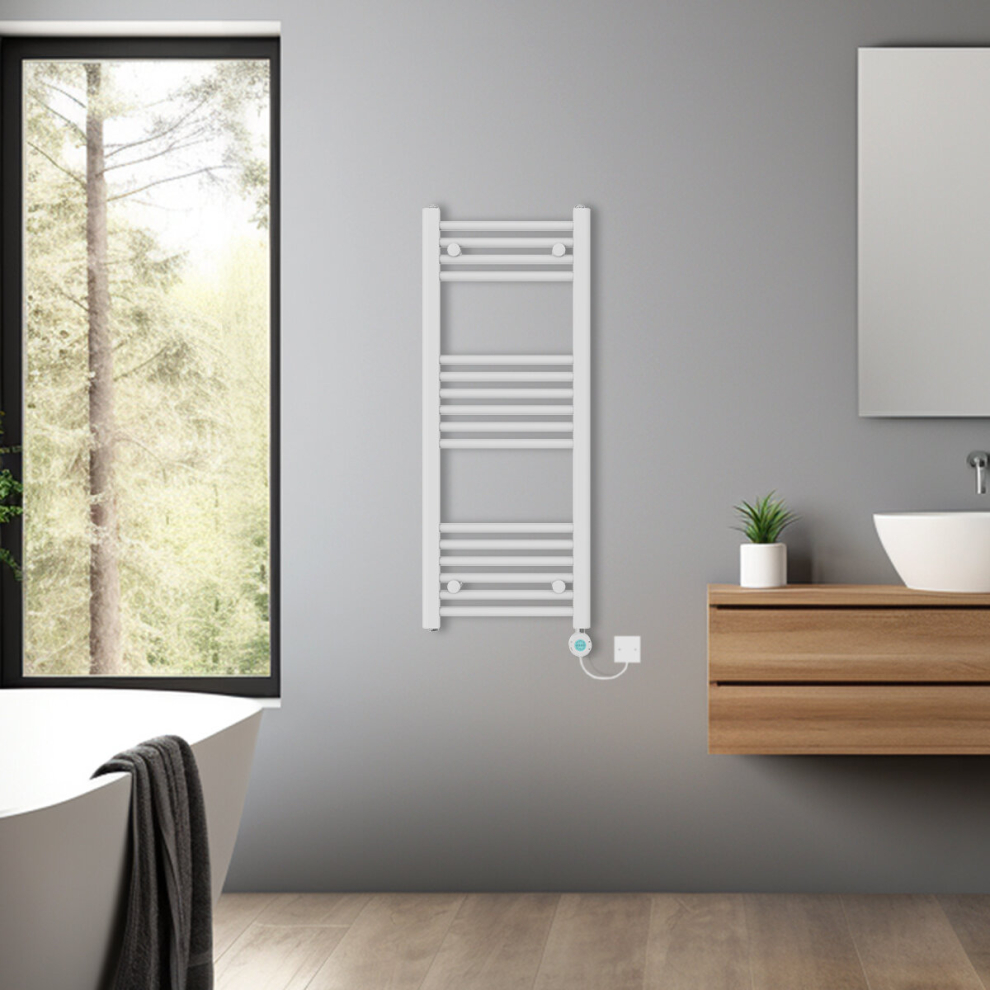 (White, 1000x400mm) Bathroom Prefilled Electric Heated Towel Rail Straight Radiator Thermo Smart WiFi