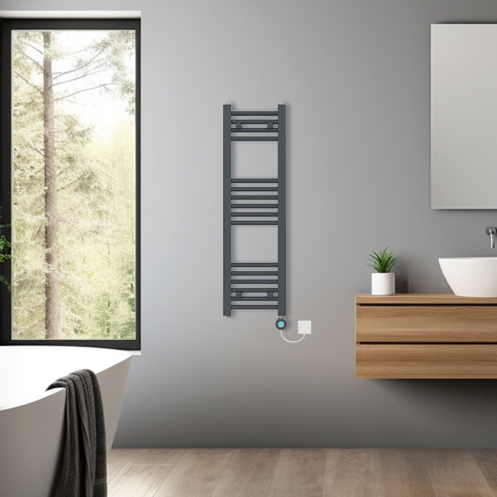 (Anthracite, 1000x300mm) Bathroom Prefilled Electric Heated Towel Rail Straight Radiator Thermo Smart WiFi