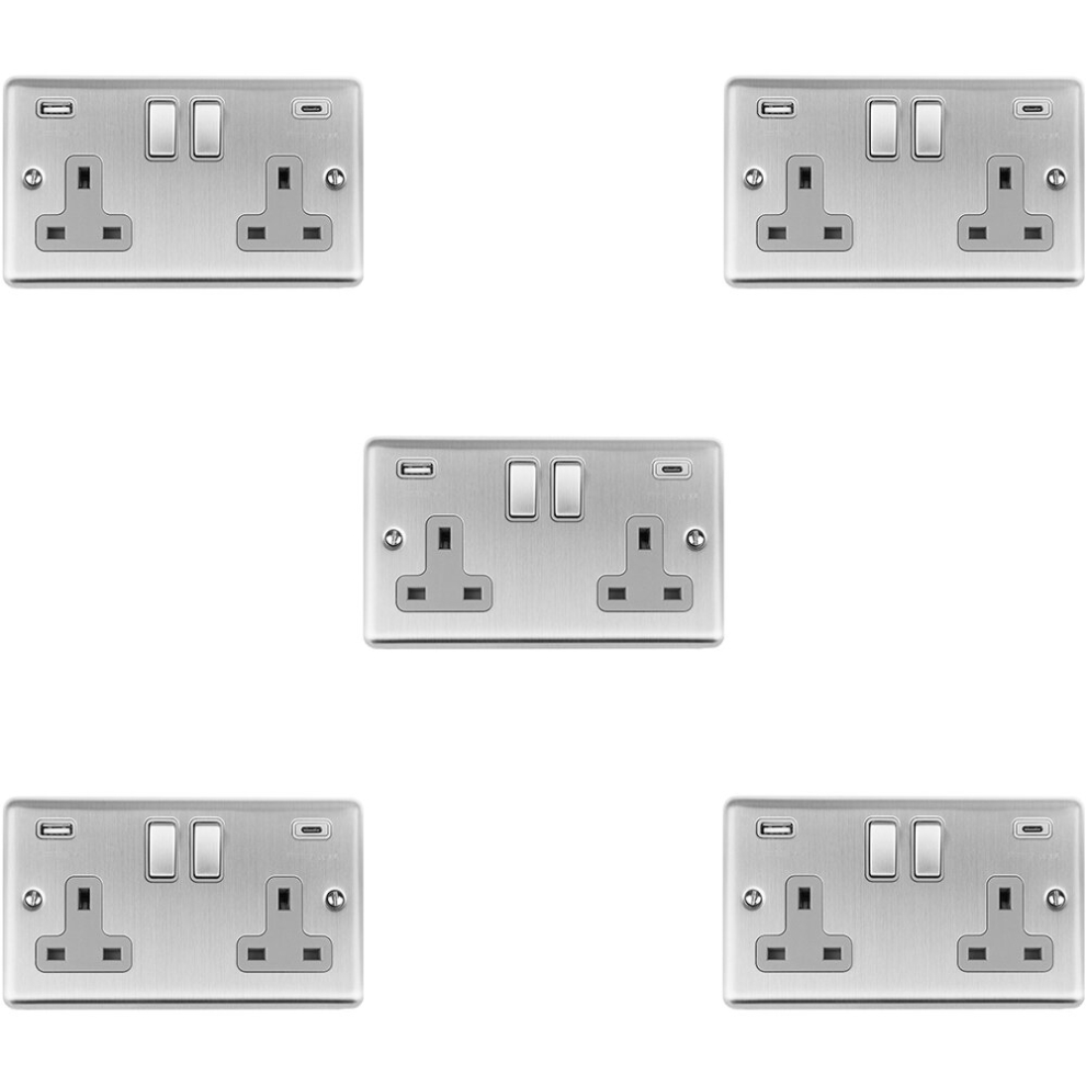 5 PACK 2 Gang UK Plug Socket & 2x 3.1A USB-C & A SATIN STEEL & GREY 13A Switch