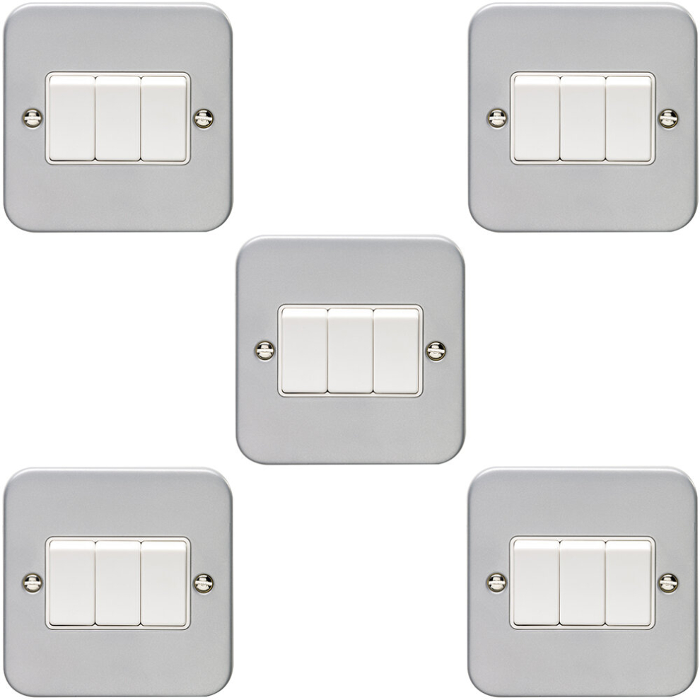 5 PACK 3 Gang Triple Light Switch 2 Way 10A HEAVY DUTY METAL CLAD - White Rocker