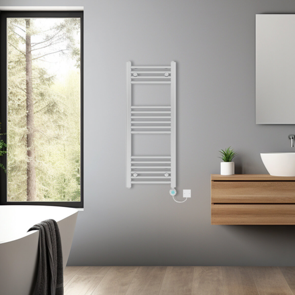 (Chrome, 1000x400mm) Bathroom Prefilled Electric Heated Towel Rail Straight Radiator Thermo Smart WiFi