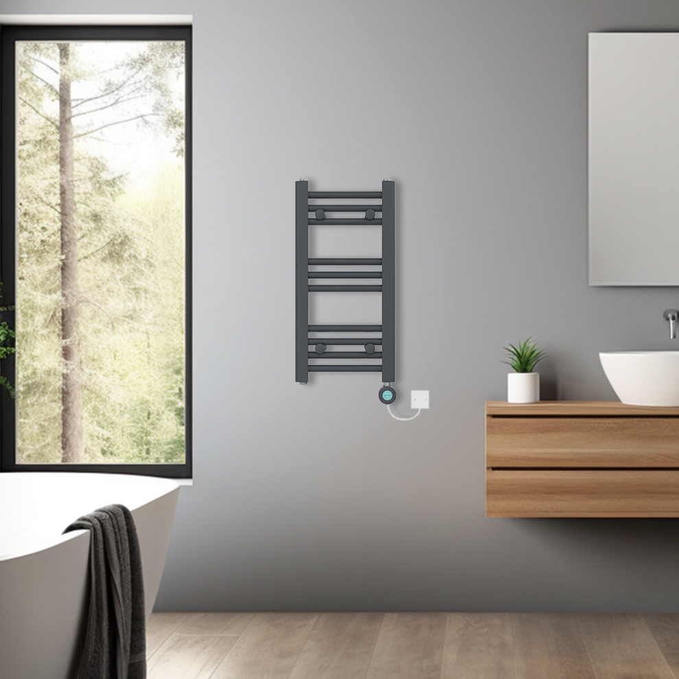 (Anthracite, 600x300mm) Bathroom Prefilled Electric Heated Towel Rail Straight Radiator Thermo Smart WiFi