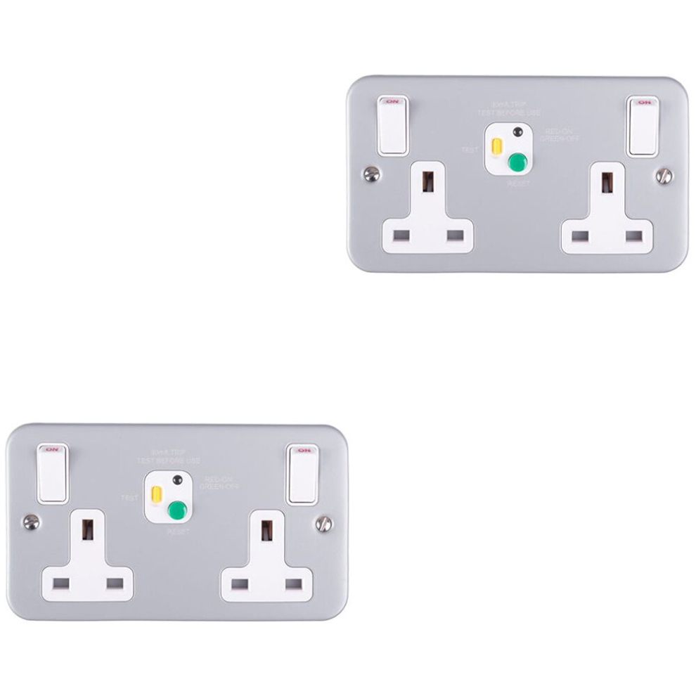 2 PACK 2 Gang Double 13A Swithed UK Plug Socket - 30mA Passive RCD - METAL CLAD