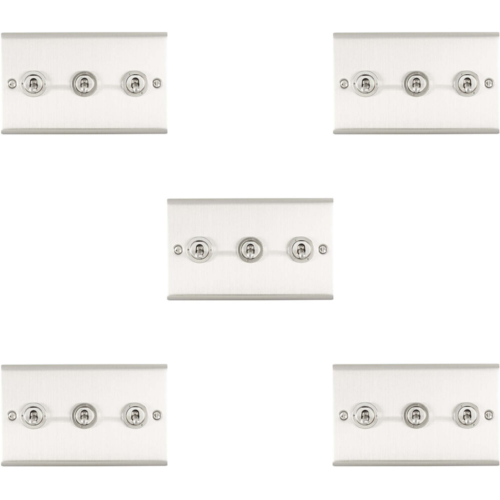 5 PACK 3 Gang Triple Retro Toggle Light Switch SATIN STEEL 10A 2 Way Wall Plate