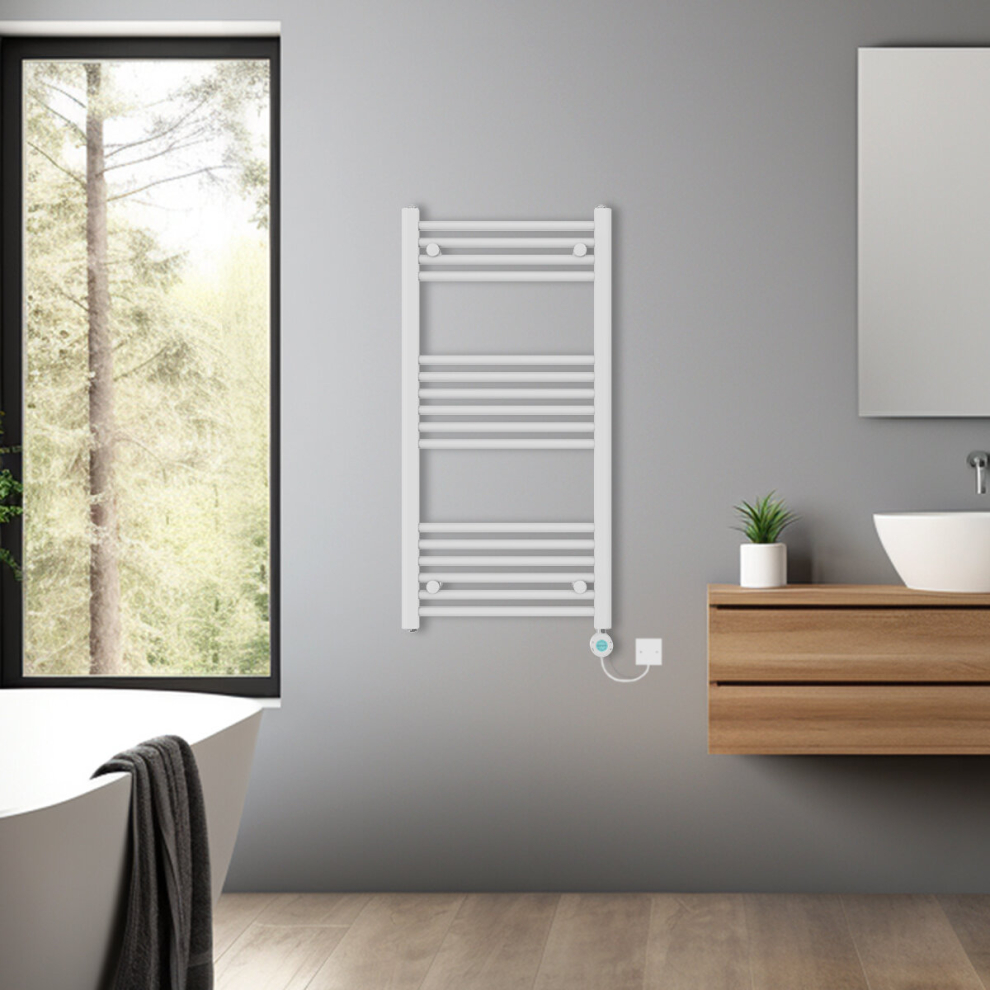 (White, 1000x500mm) Bathroom Prefilled Electric Heated Towel Rail Straight Radiator Thermo Smart WiFi