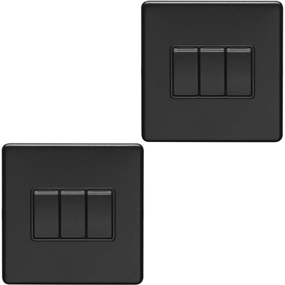 2 PACK 3 Gang Triple Light Switch SCREWLESS MATT BLACK 2 Way 10A Slim Rocker