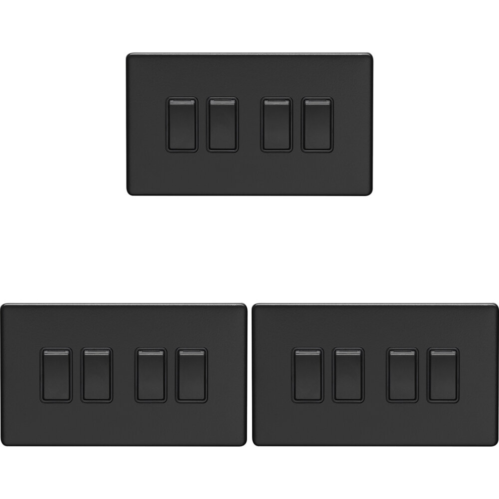 3 PACK 4 Gang Quad Light Switch SCREWLESS MATT BLACK 2 Way 10A Slim Rocker