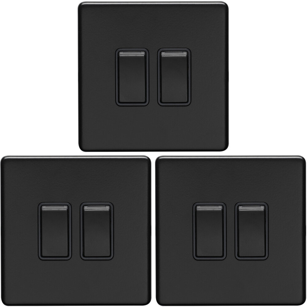 3 PACK 2 Gang Double Light Switch SCREWLESS MATT BLACK 2 Way 10A Slim Rocker