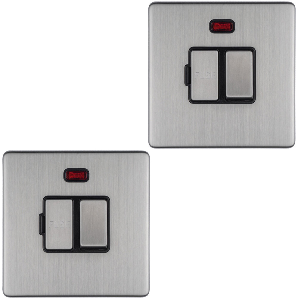 2 PACK 1 Gang 13A Switched Fuse Spur Neon SCREWLESS SATIN STEEL Mains Isolation