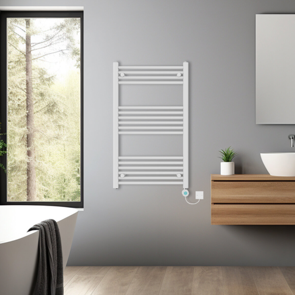 (White, 1000x600mm) Bathroom Prefilled Electric Heated Towel Rail Straight Radiator Thermo Smart WiFi