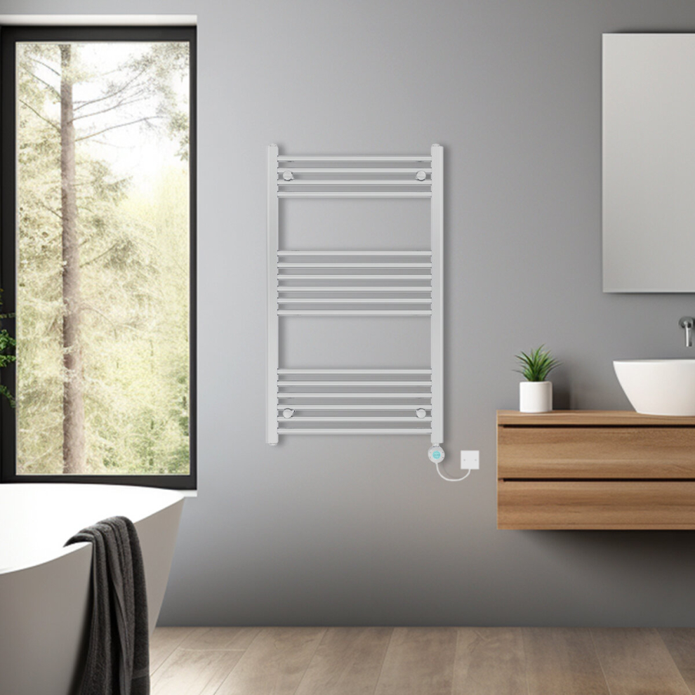 (Chrome, 1000x600mm) Bathroom Prefilled Electric Heated Towel Rail Straight Radiator Thermo Smart WiFi