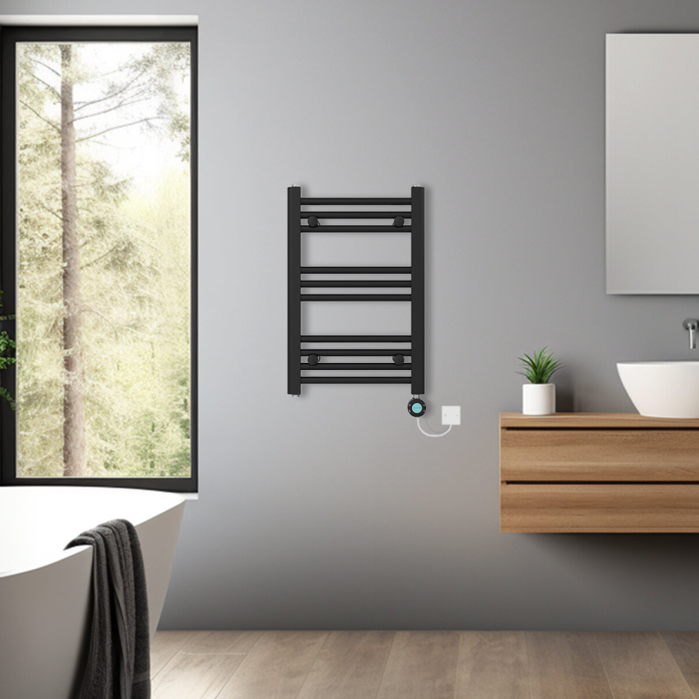 (Black, 600x400mm) Bathroom Prefilled Electric Heated Towel Rail Straight Radiator Thermo Smart WiFi