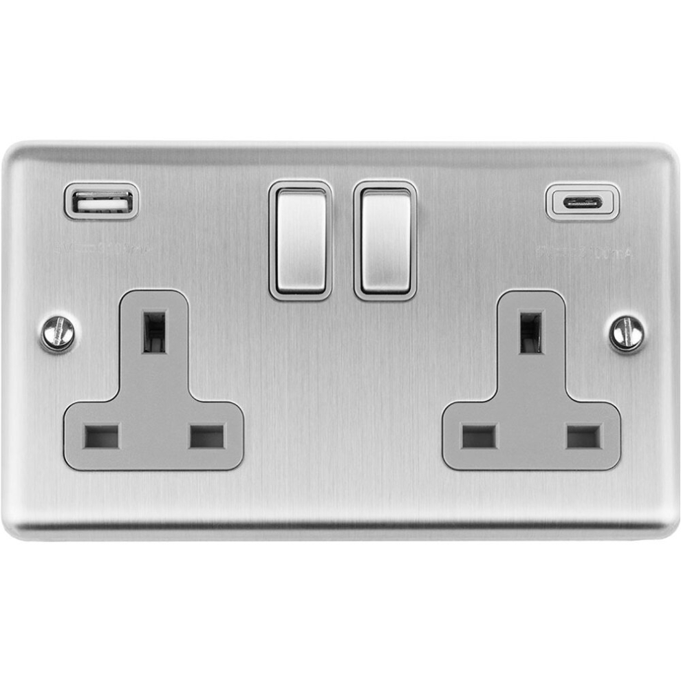 2 Gang Double UK Plug Socket & 2x 3.1A USB-C & A SATIN STEEL & GREY 13A Switch