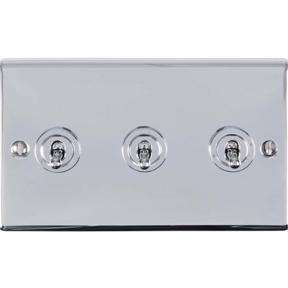 Loops 3 Gang Triple Retro Toggle Light Switch Polished Chrome 10A 2 Way Lever Plate
