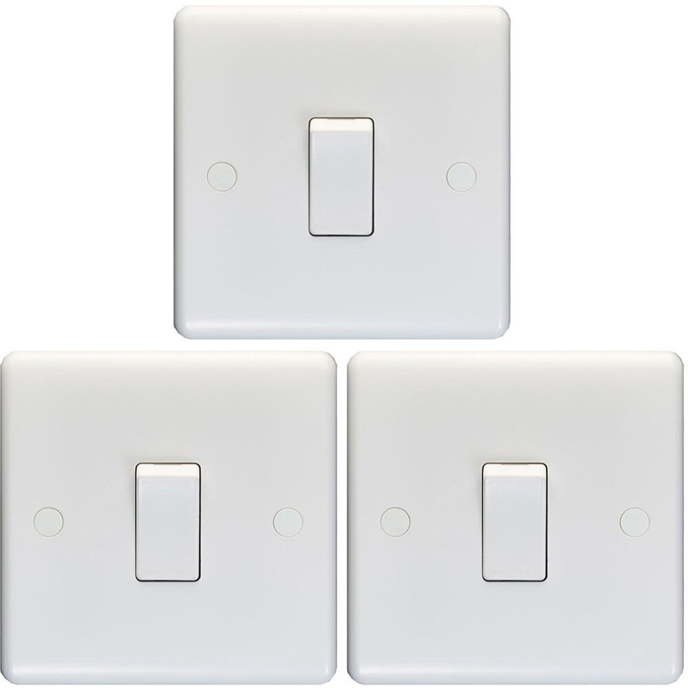 3 PACK 1 Gang Single 10A Light Switch 2 Way - WHITE PLASTIC Wall Plate Rocker