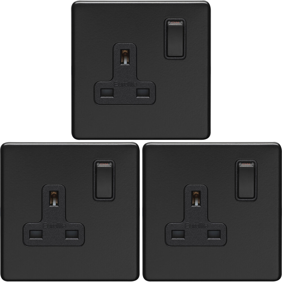 3 PACK 1 Gang DP 13A Switched UK Plug Socket SCREWLESS MATT BLACK Wall Power