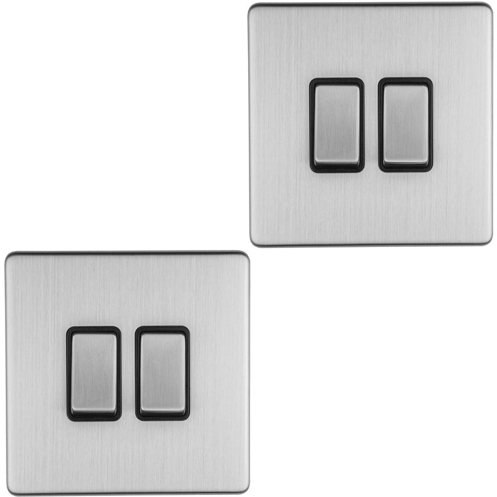 2 PACK 2 Gang Single Light Switch SCREWLESS SATIN STEEL 2 Way 10A Slim Rocker