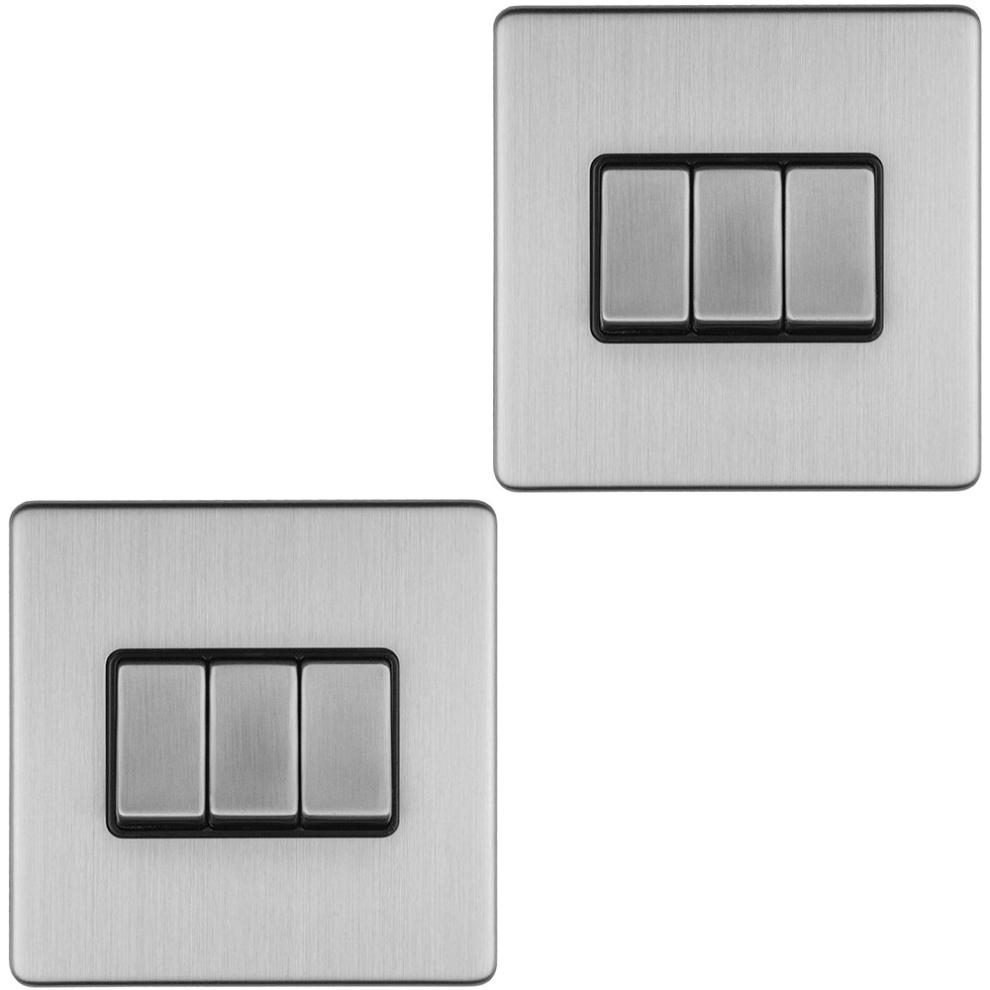 2 PACK 3 Gang Triple Light Switch SCREWLESS SATIN STEEL 2 Way 10A Slim Rocker