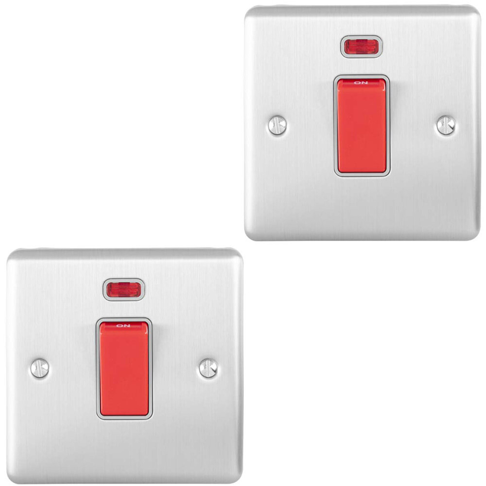 2 PACK 2 Gang Double 45A DP Switch Neon SATIN STEEL & GREY Vertical Rocker